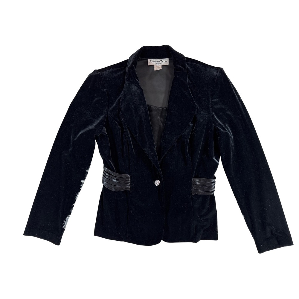 Another Thyme Womens Vintage Black Velvet Blazer Satin Trim Rhinestone Button 14